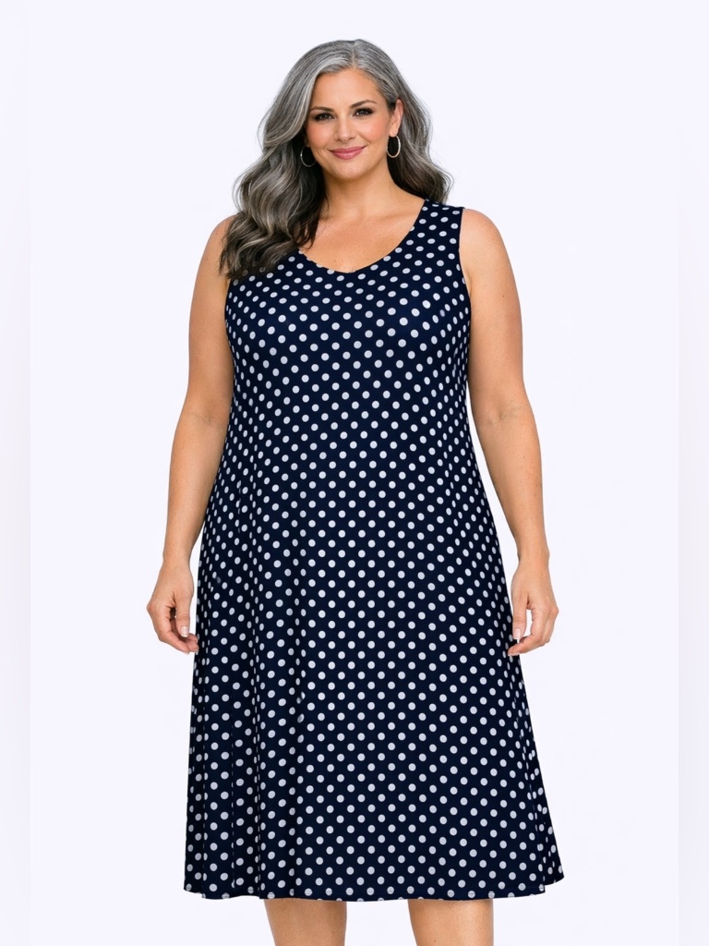 O-neciel 4X (FITS LIKE A 2X) 100% Viscose navy/white dot dress. P2P:25.5” L:53”